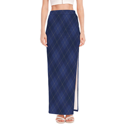 Navy Blue Argyle Pattern Print High Slit Maxi Skirt