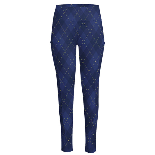 Navy Blue Argyle Pattern Print High-Waisted Pocket Leggings