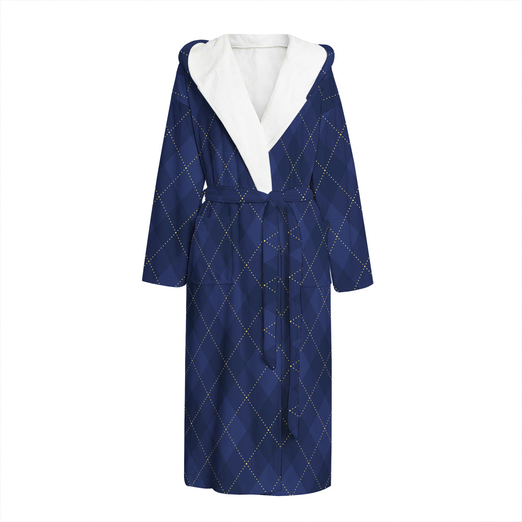Navy Blue Argyle Pattern Print Hooded Bathrobe