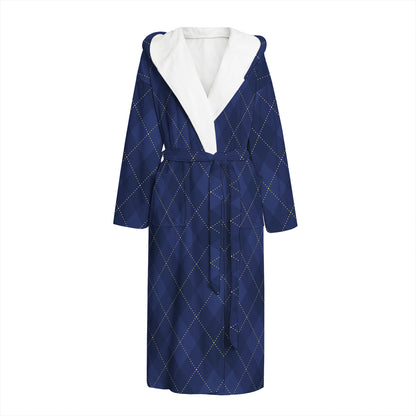 Navy Blue Argyle Pattern Print Hooded Bathrobe