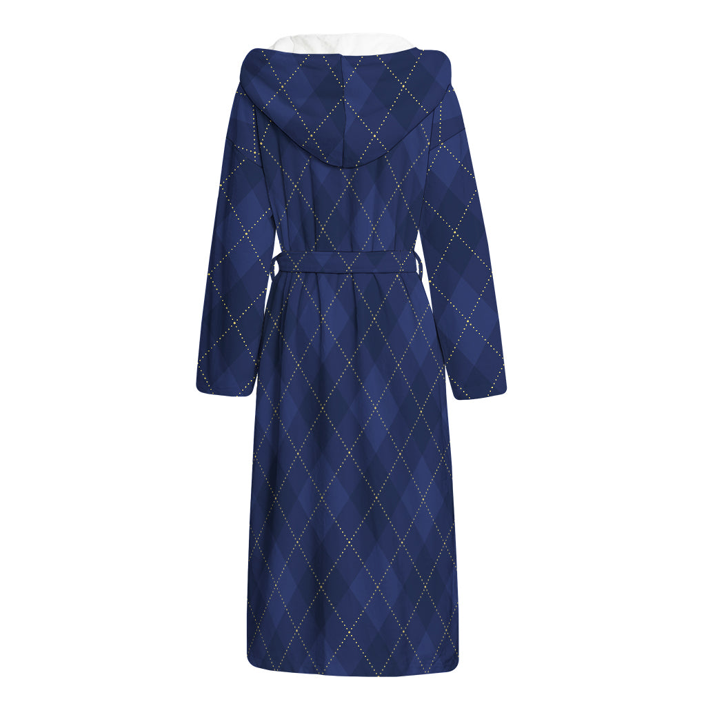 Navy Blue Argyle Pattern Print Hooded Bathrobe