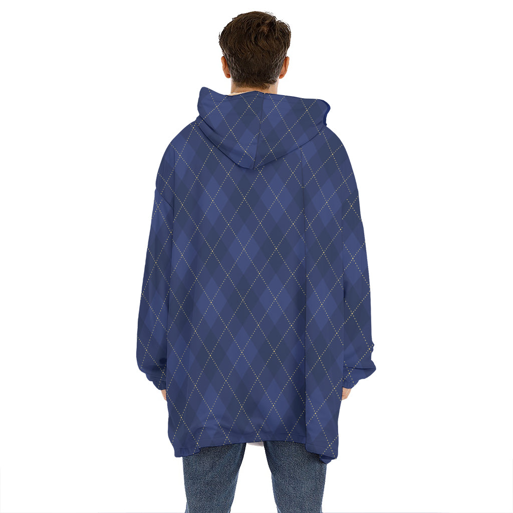 Navy Blue Argyle Pattern Print Hoodie Blanket