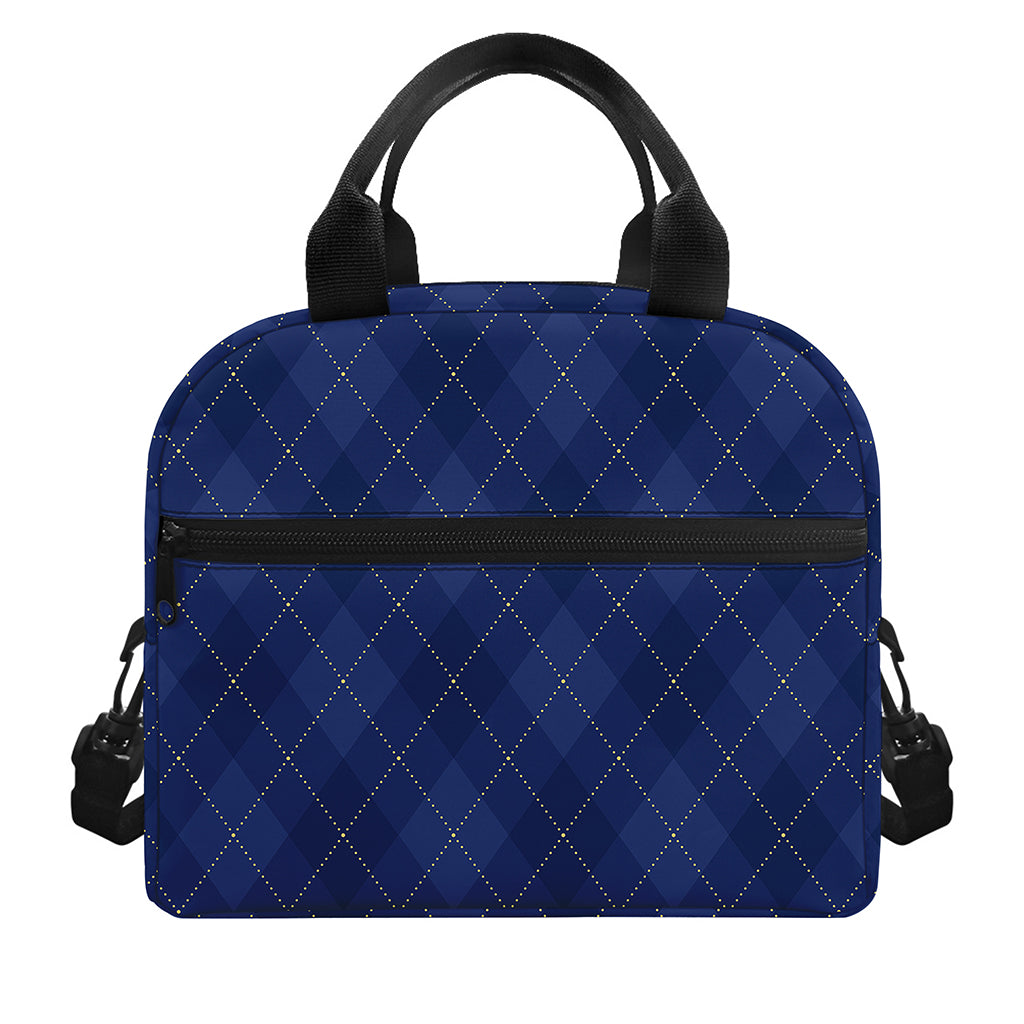 Navy Blue Argyle Pattern Print Insulated Lunch Bag