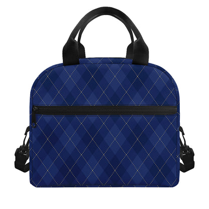 Navy Blue Argyle Pattern Print Insulated Lunch Bag
