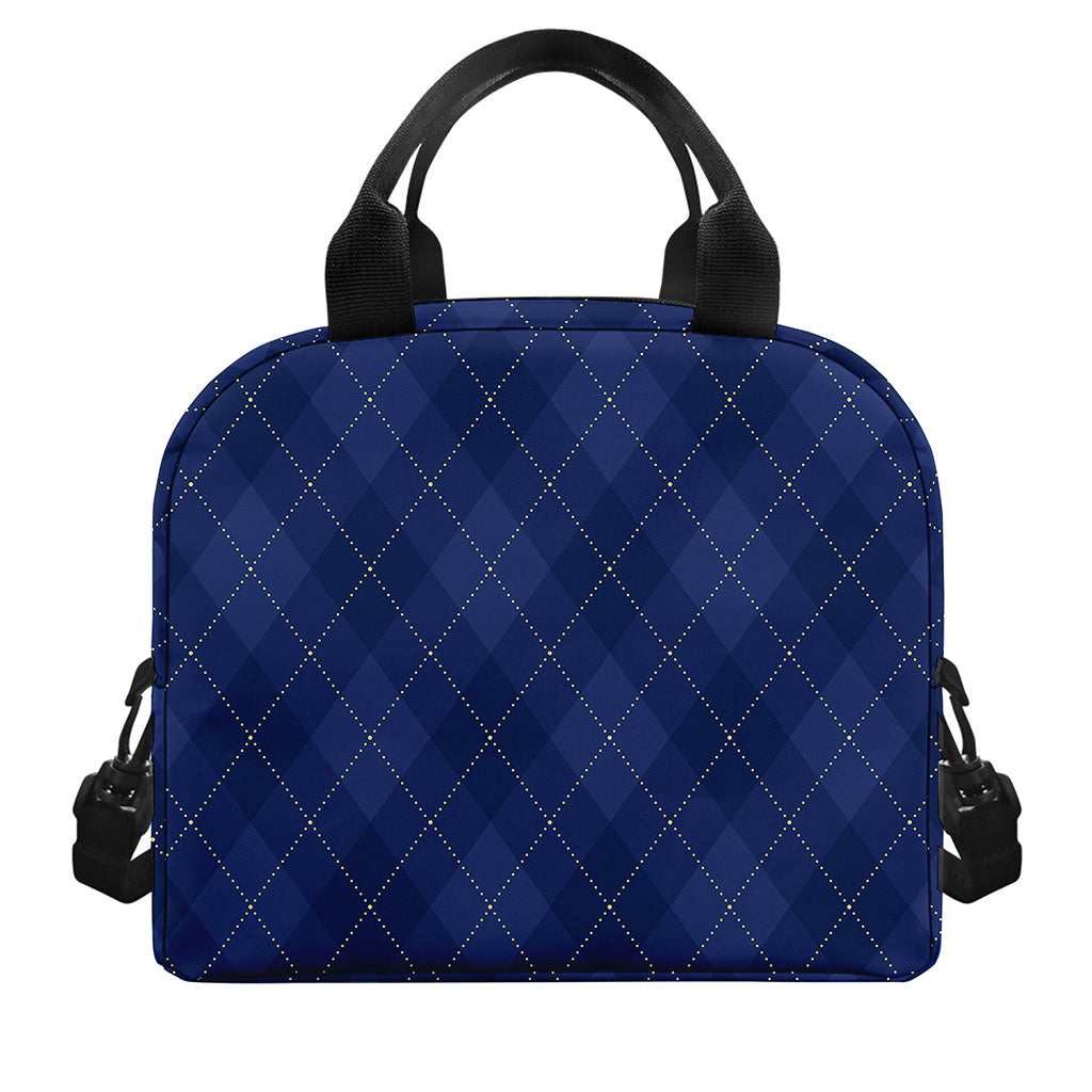 Navy Blue Argyle Pattern Print Insulated Lunch Bag