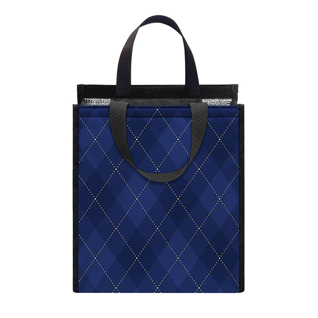 Navy Blue Argyle Pattern Print Insulated Lunch Tote