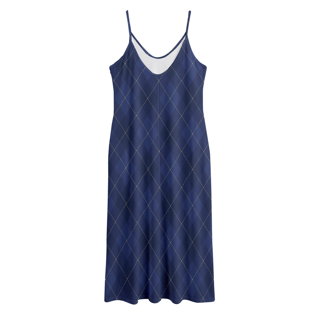Navy Blue Argyle Pattern Print Jersey Midi Cami Dress
