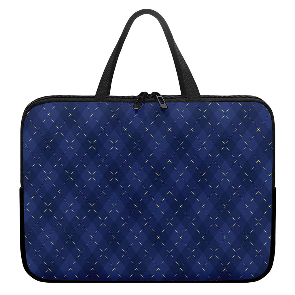 Navy Blue Argyle Pattern Print Laptop Sleeve With Handle