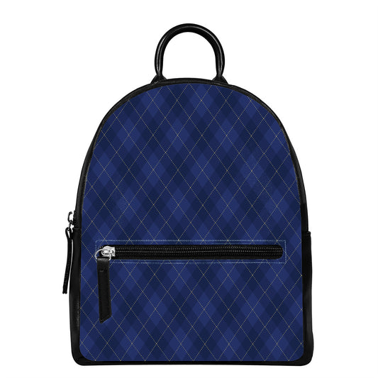 Navy Blue Argyle Pattern Print Leather Backpack
