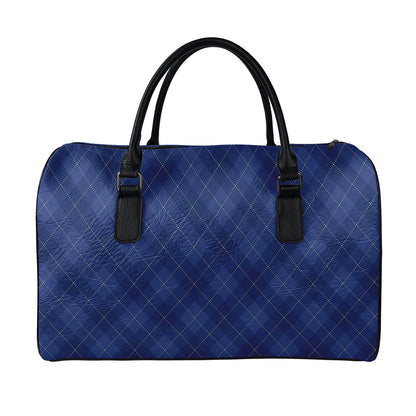 Navy Blue Argyle Pattern Print Leather Duffle Bag