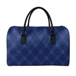 Navy Blue Argyle Pattern Print Leather Duffle Bag