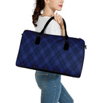 Navy Blue Argyle Pattern Print Leather Duffle Bag