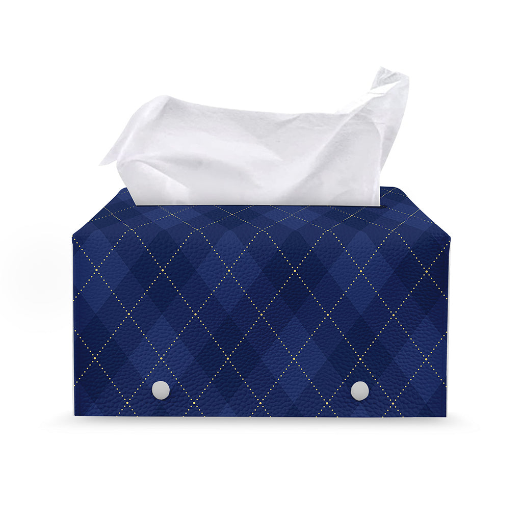 Navy Blue Argyle Pattern Print Leather Tissue Box Cover