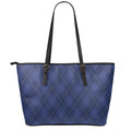Navy Blue Argyle Pattern Print Leather Tote Bag With Zipper