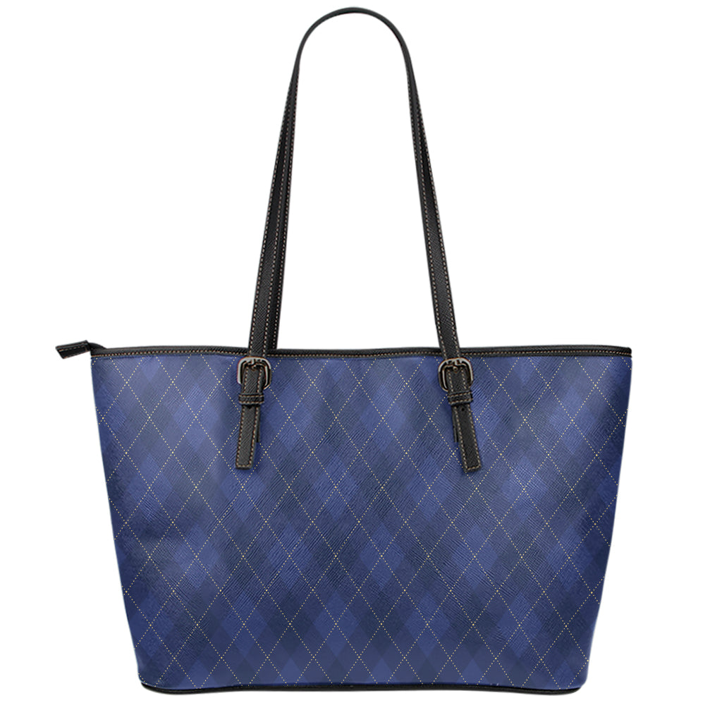 Navy Blue Argyle Pattern Print Leather Tote Bag