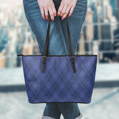 Navy Blue Argyle Pattern Print Leather Tote Bag