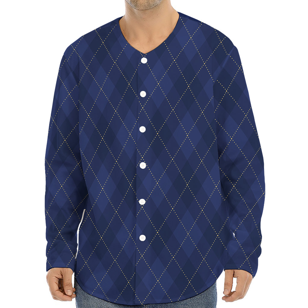 Navy Blue Argyle Pattern Print Long Sleeve Baseball Jersey