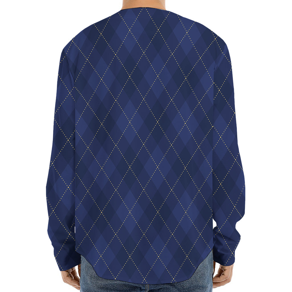 Navy Blue Argyle Pattern Print Long Sleeve Baseball Jersey