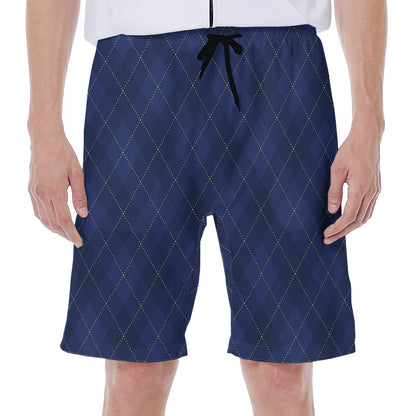 Navy Blue Argyle Pattern Print Men's Beach Shorts