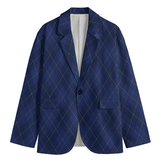 Navy Blue Argyle Pattern Print Men's Blazer