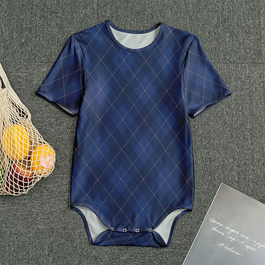 Navy Blue Argyle Pattern Print Men's Bodysuit