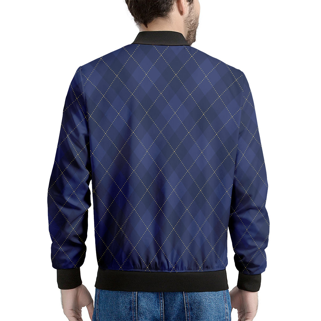 Navy Blue Argyle Pattern Print Men's Bomber Jacket
