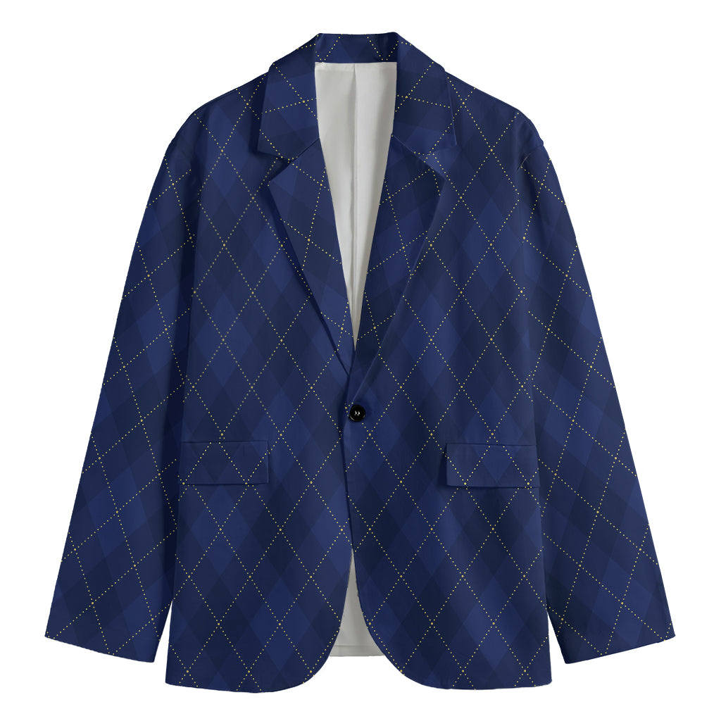 Navy Blue Argyle Pattern Print Men's Cotton Blazer