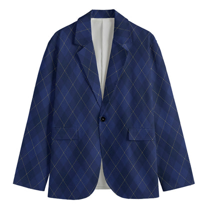 Navy Blue Argyle Pattern Print Men's Cotton Blazer