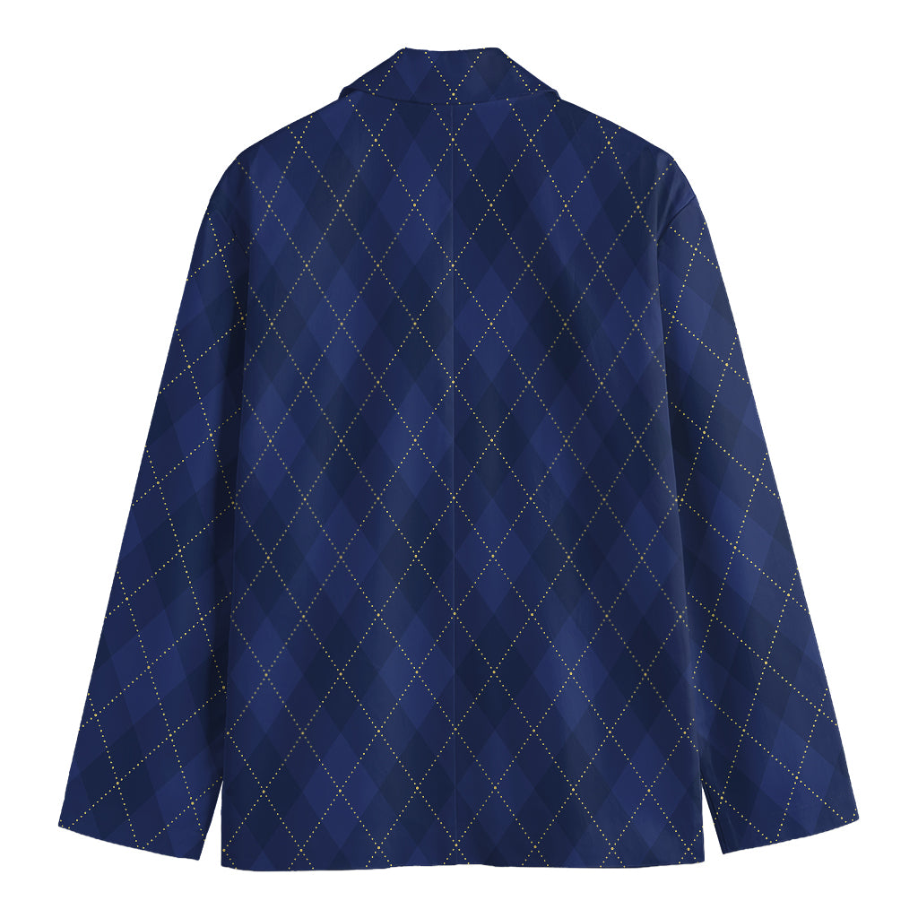 Navy Blue Argyle Pattern Print Men's Cotton Blazer