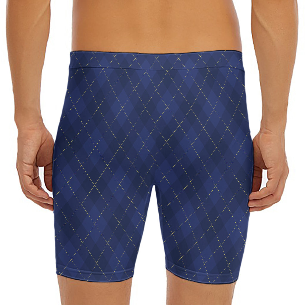 Navy Blue Argyle Pattern Print Men's Long Boxer Briefs