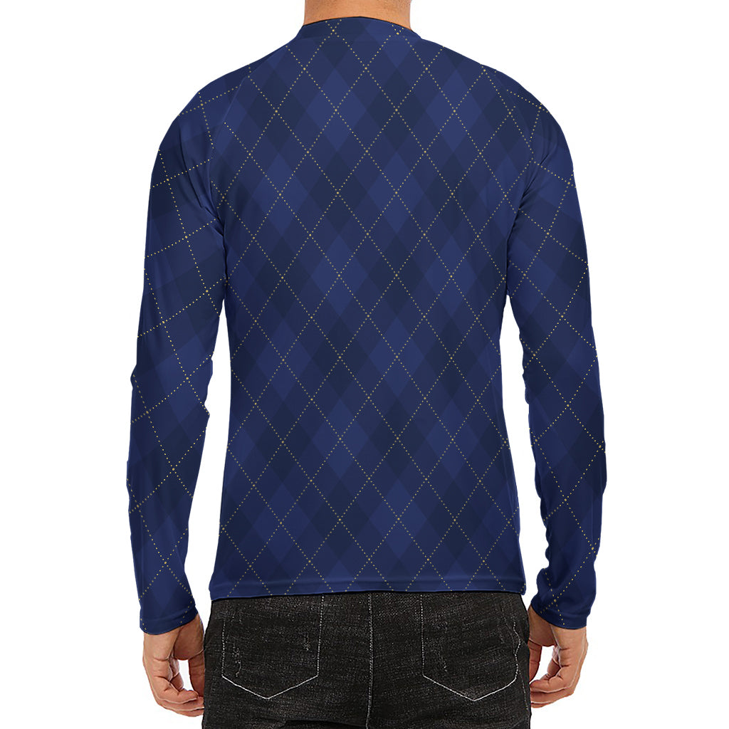 Navy Blue Argyle Pattern Print Men's Long Sleeve Rash Guard
