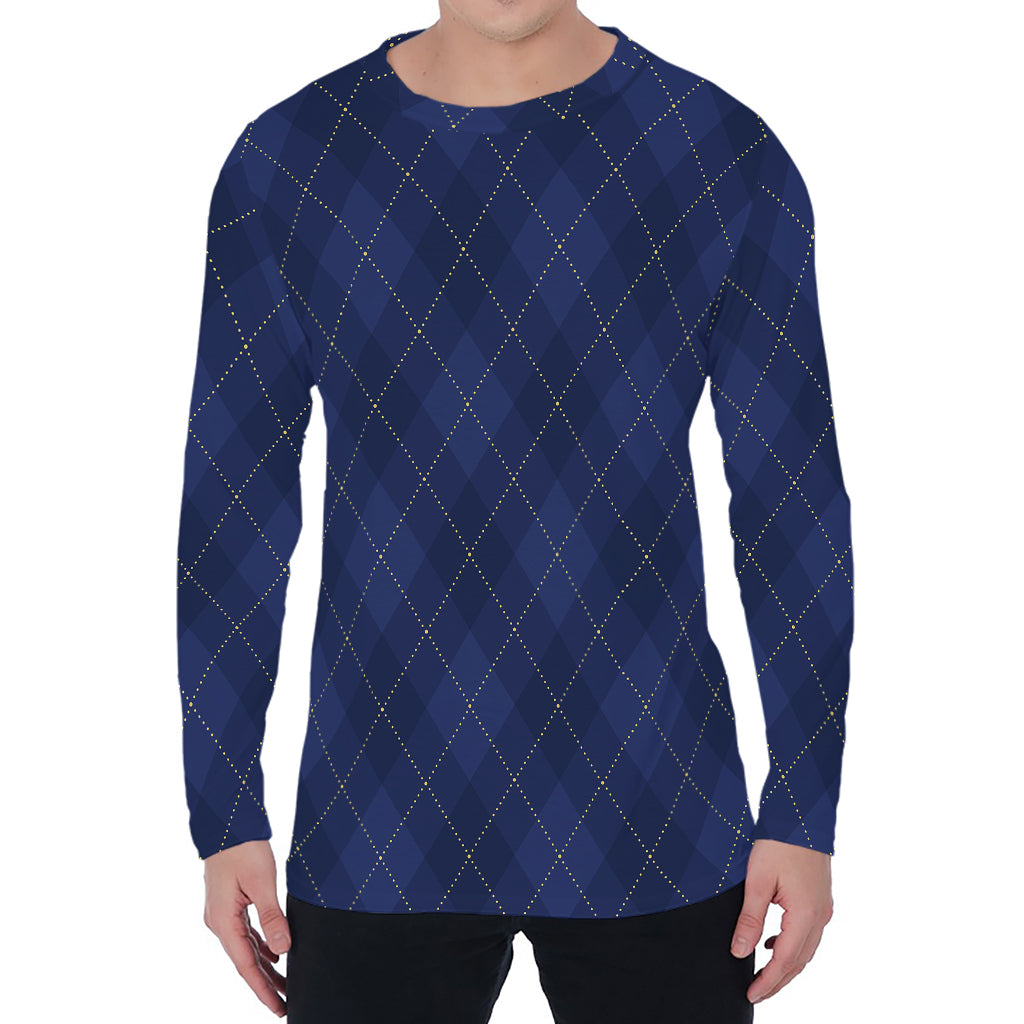 Navy Blue Argyle Pattern Print Men's Long Sleeve T-Shirt