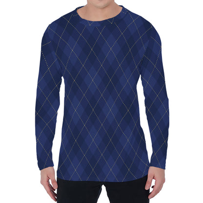 Navy Blue Argyle Pattern Print Men's Long Sleeve T-Shirt