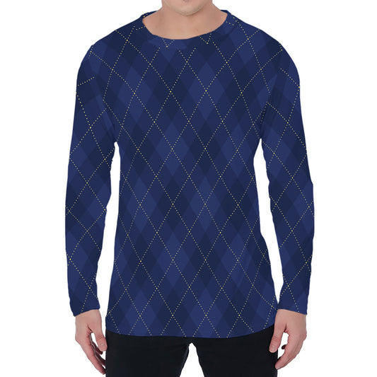 Navy Blue Argyle Pattern Print Men's Long Sleeve T-Shirt