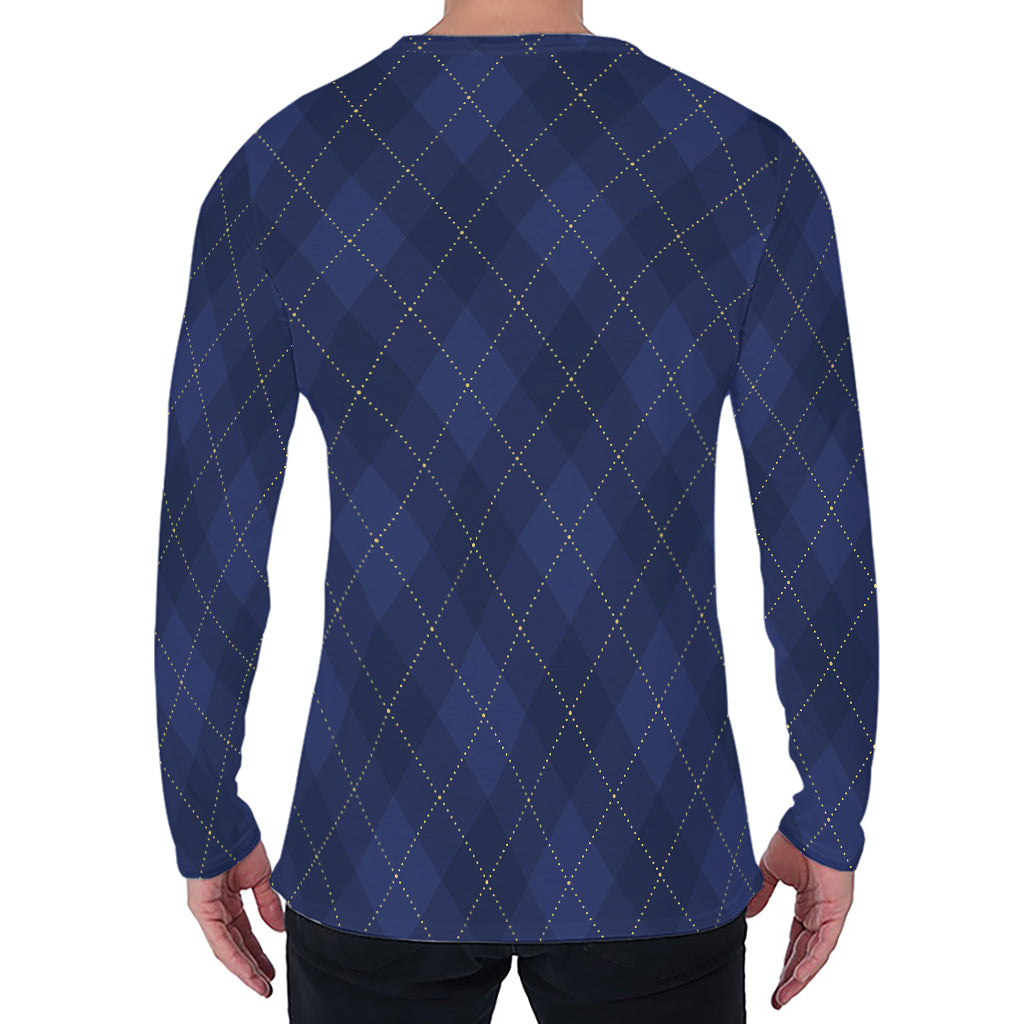 Navy Blue Argyle Pattern Print Men's Long Sleeve T-Shirt