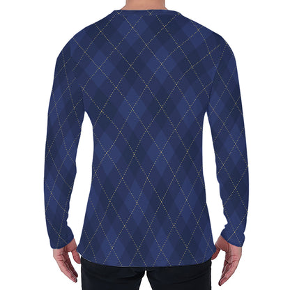 Navy Blue Argyle Pattern Print Men's Long Sleeve T-Shirt