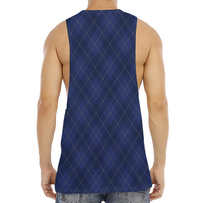 Navy Blue Argyle Pattern Print Men's Muscle Tank Top