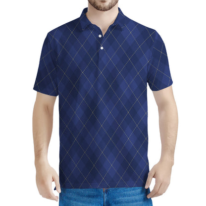 Navy Blue Argyle Pattern Print Men's Polo Shirt