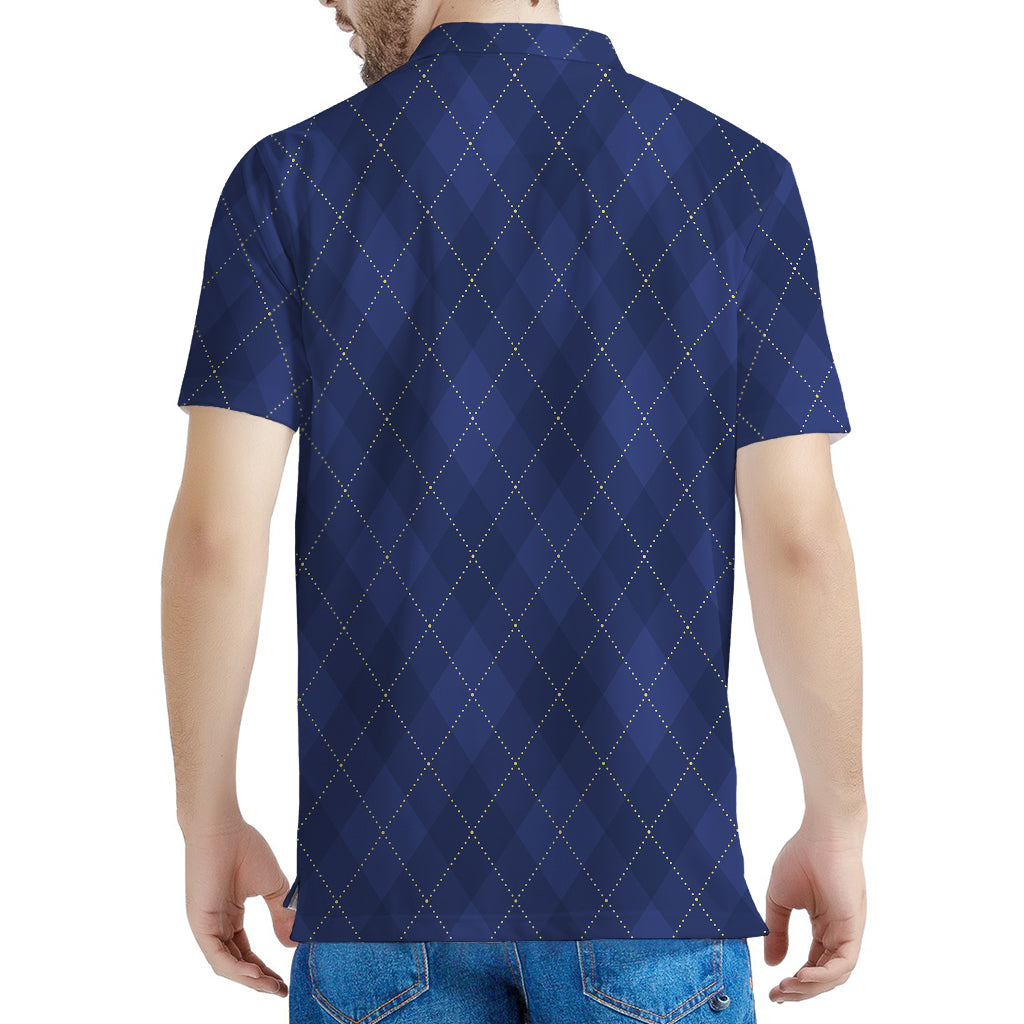 Navy Blue Argyle Pattern Print Men's Polo Shirt