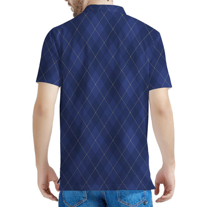 Navy Blue Argyle Pattern Print Men's Polo Shirt