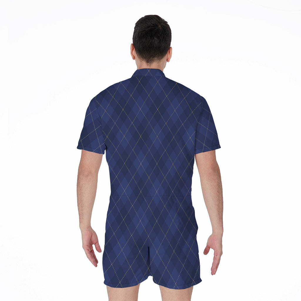 Navy Blue Argyle Pattern Print Men's Rompers
