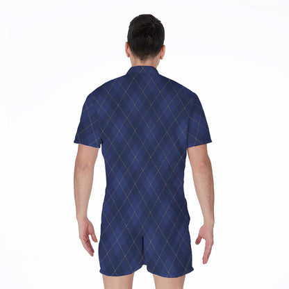 Navy Blue Argyle Pattern Print Men's Rompers