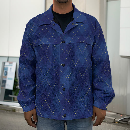 Navy Blue Argyle Pattern Print Men's Shirt Jacket
