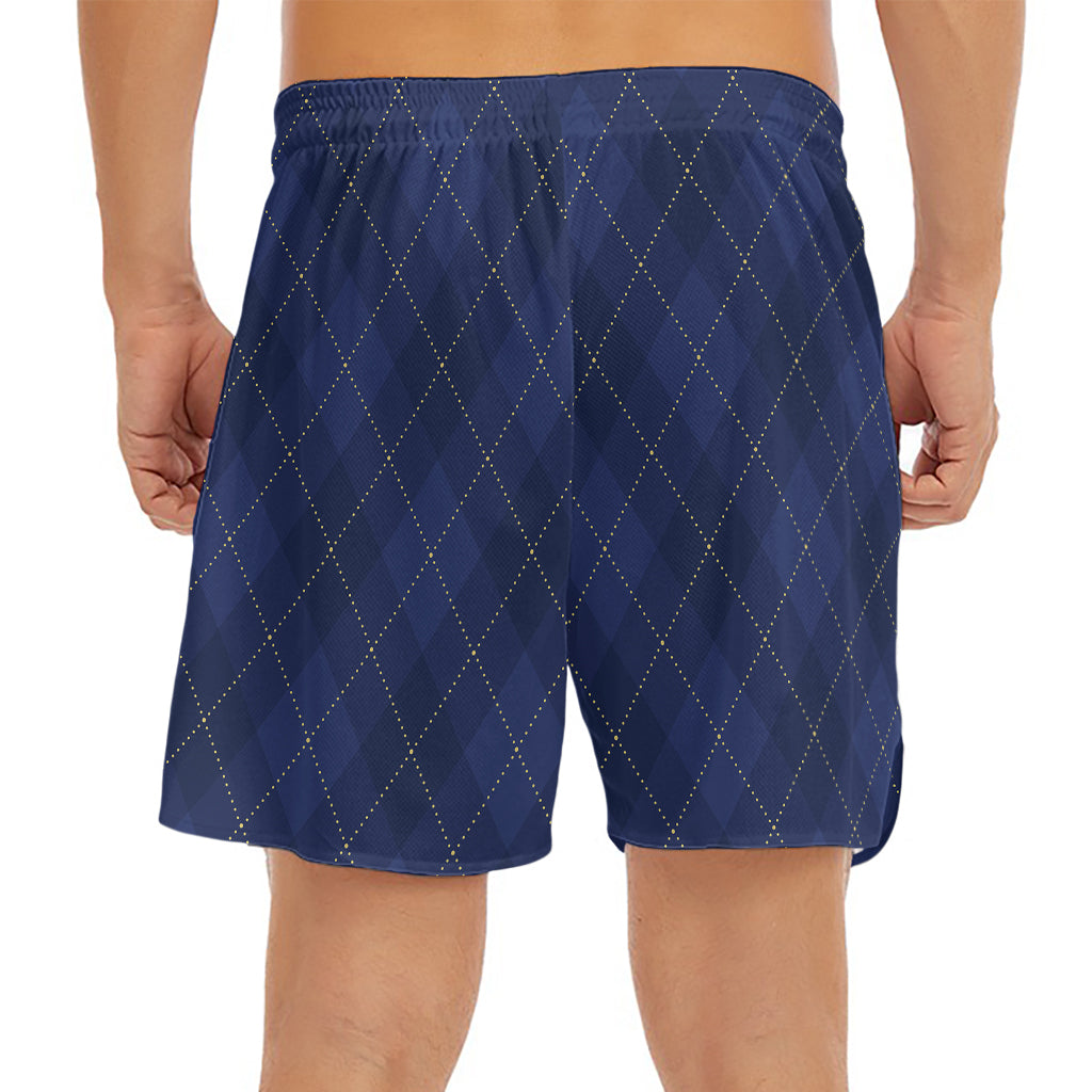 Navy Blue Argyle Pattern Print Men's Split Running Shorts