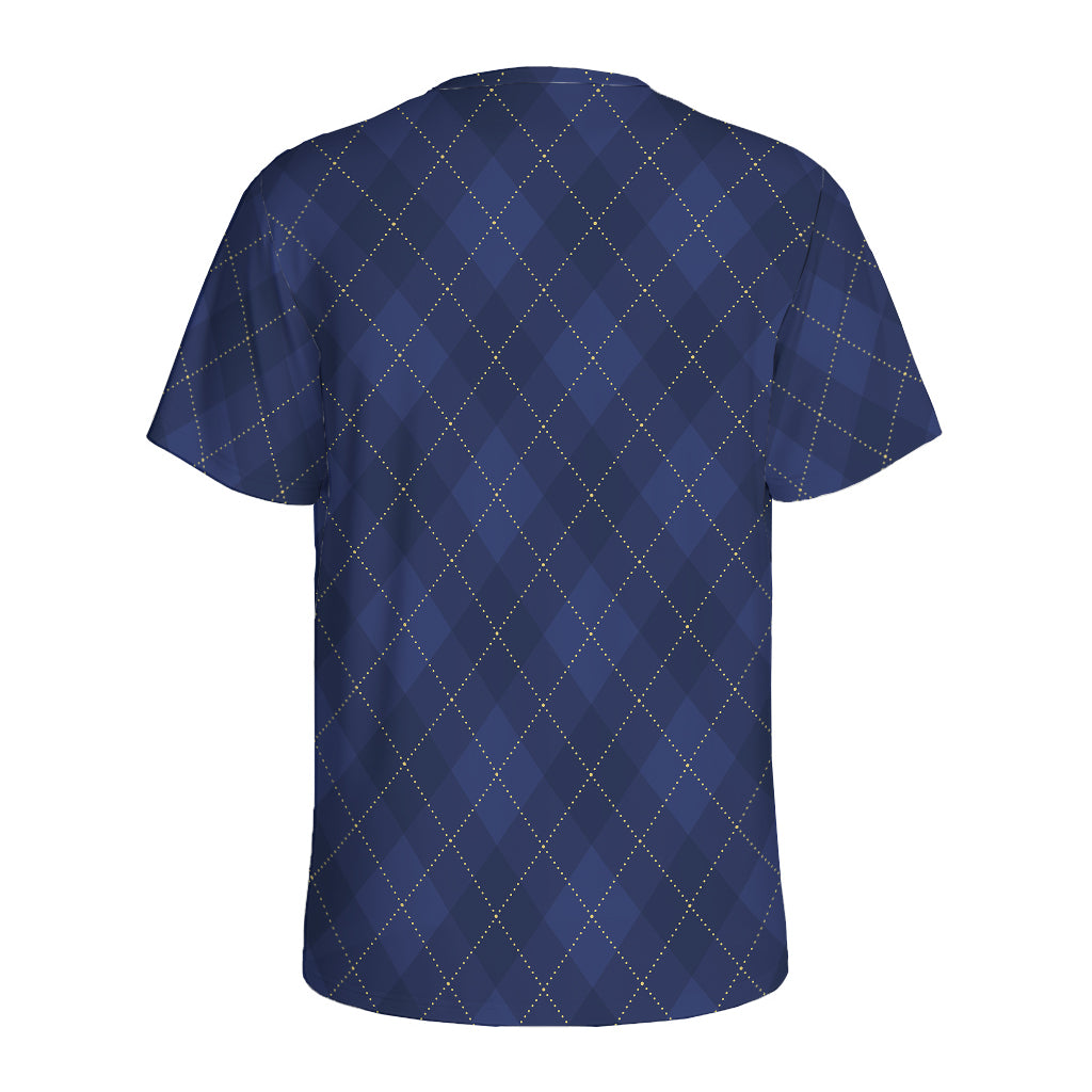 Navy Blue Argyle Pattern Print Men's Sports T-Shirt