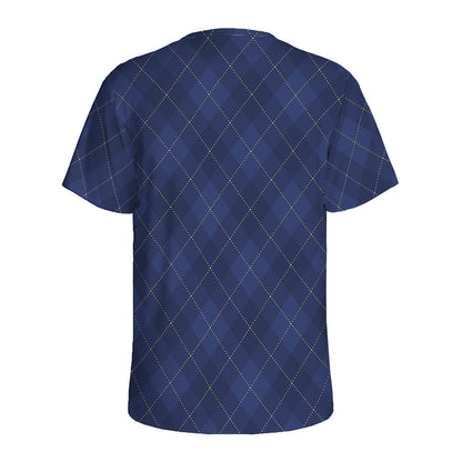 Navy Blue Argyle Pattern Print Men's Sports T-Shirt
