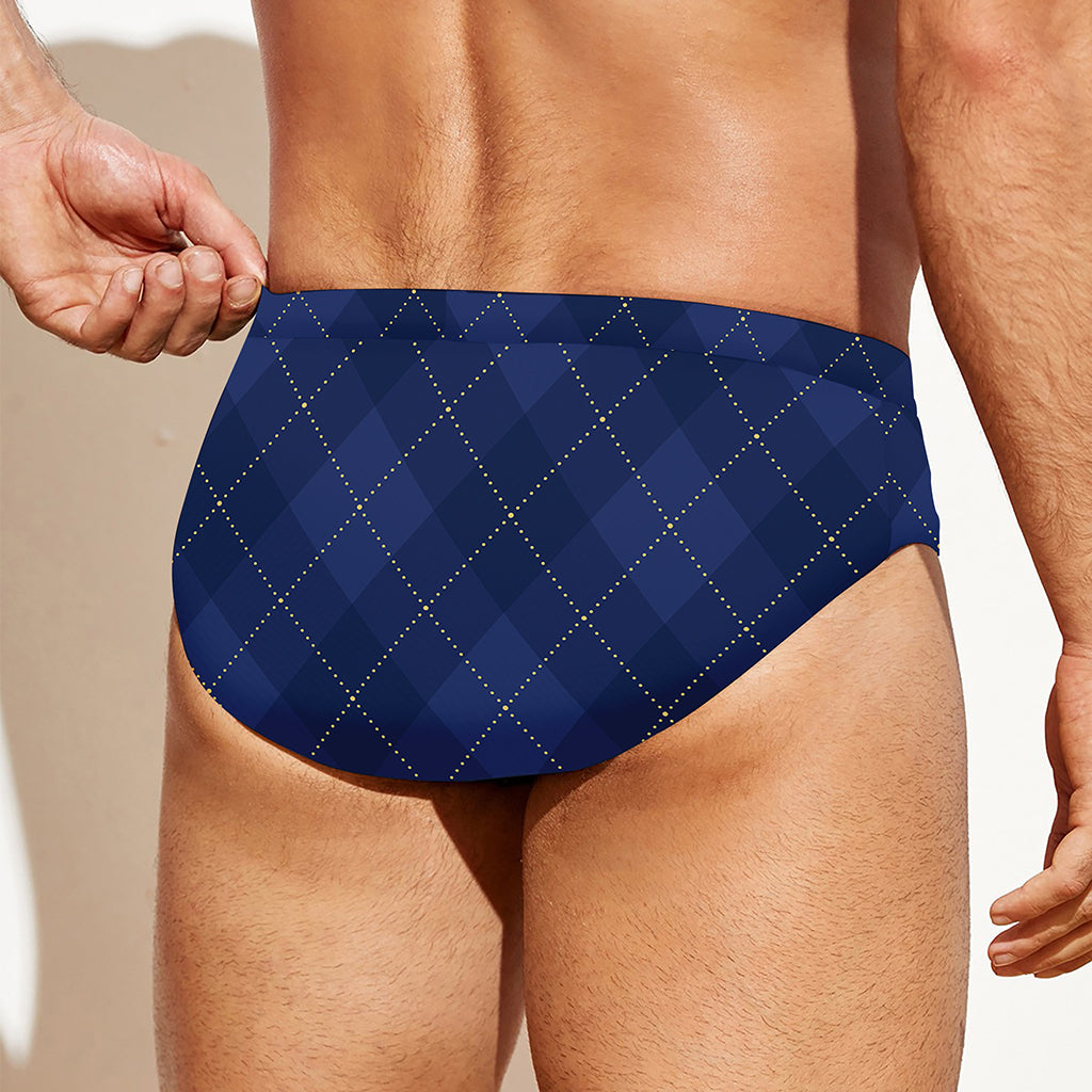 Navy Blue Argyle Pattern Print Men's Swim Briefs