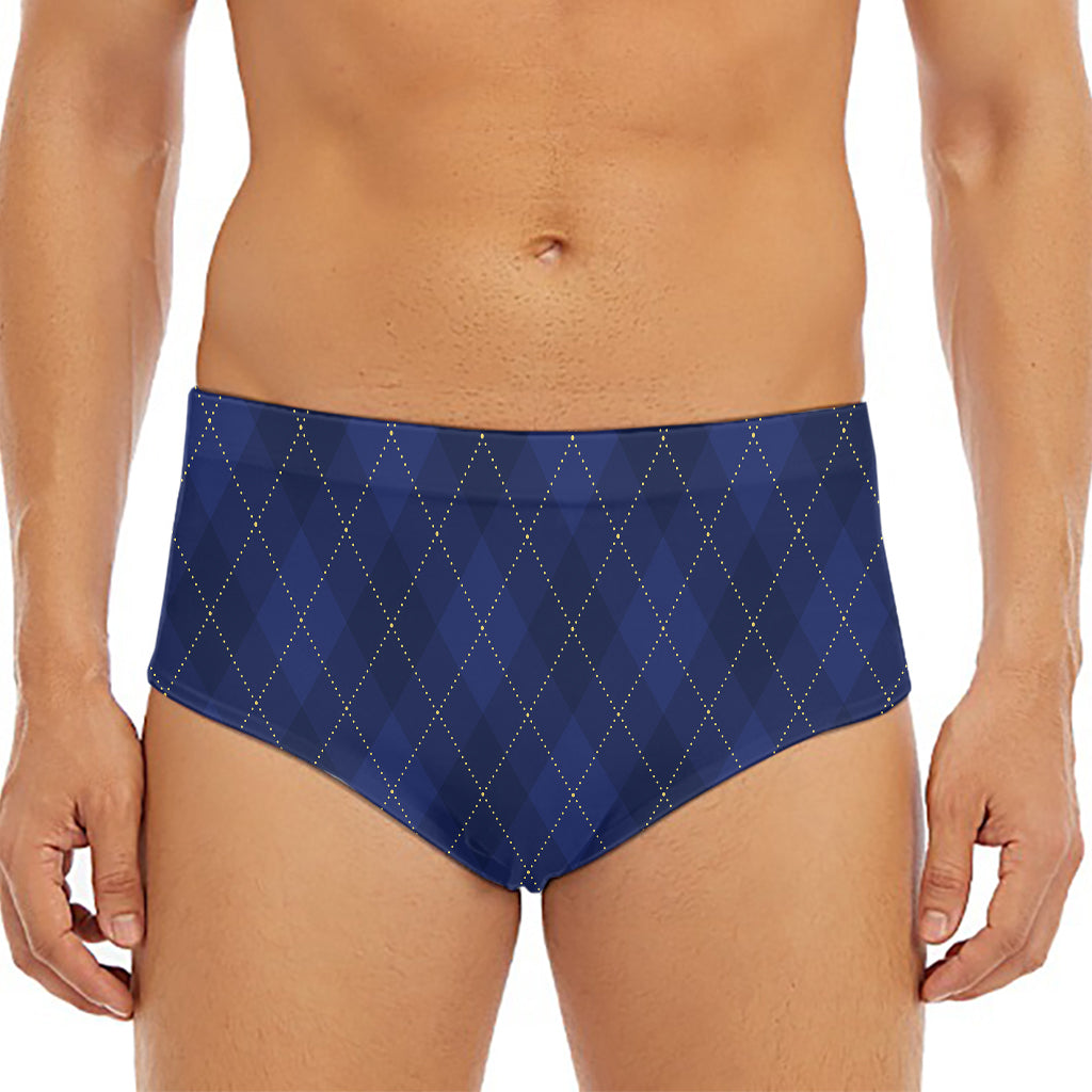 Navy Blue Argyle Pattern Print Men's Triangle Swim Briefs