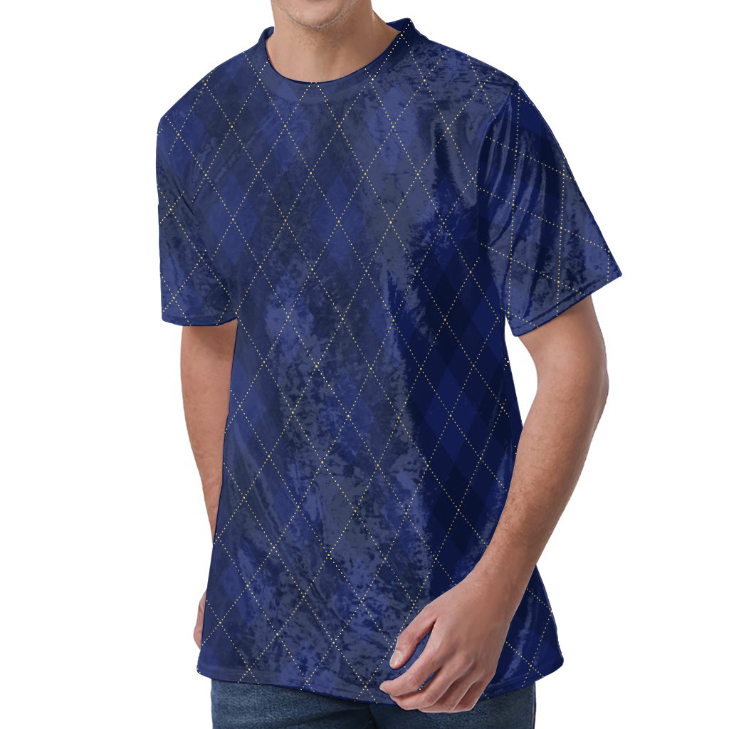 Navy Blue Argyle Pattern Print Men's Velvet T-Shirt