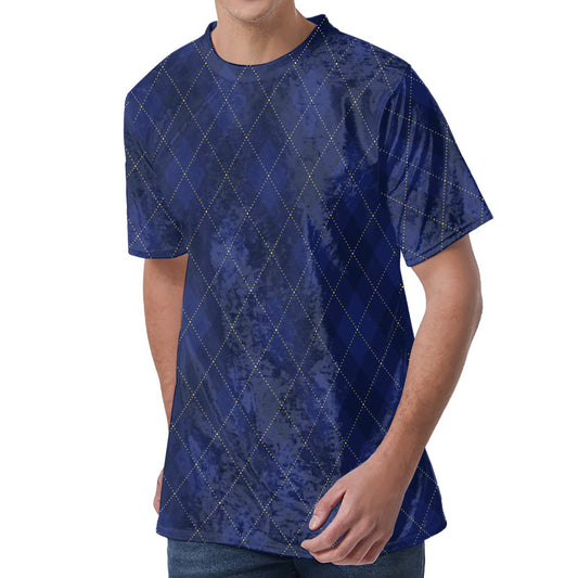 Navy Blue Argyle Pattern Print Men's Velvet T-Shirt